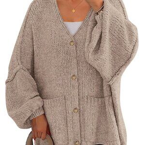 Chunky Cardigan Oversized Lantern Sleeve Button Down Knit Sweater